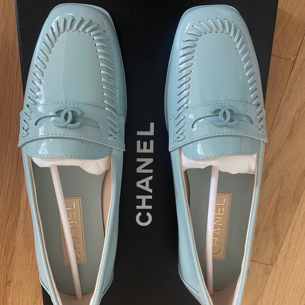 Chanel  Moccasins Patent Calfskin Light Blue 1 CM Heel.